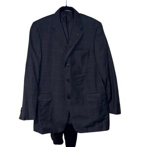 Hickey Freeman Hunt Club Windowpane Blazer Mens 42R Charcoal Grey Wool USA